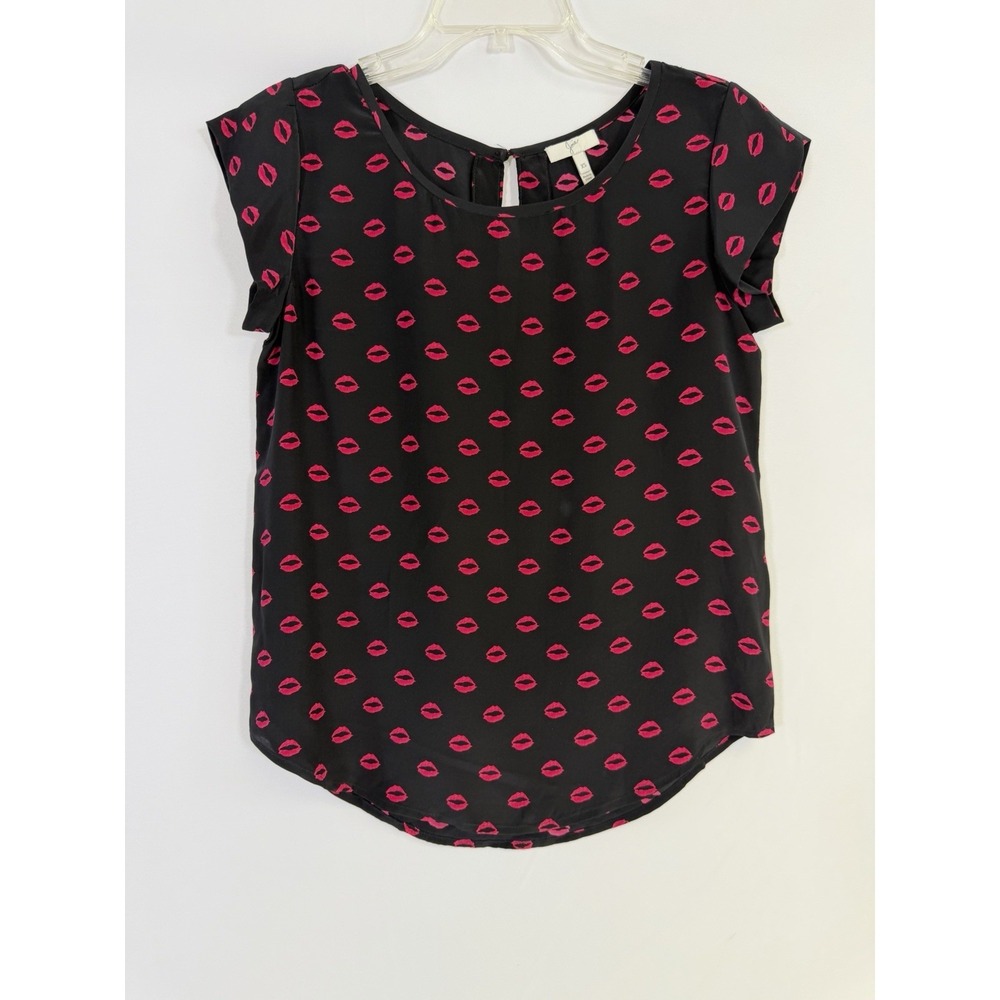 Joie Womens Top XS Lip‎ Print Black Short Sleeve Relaxed Fit Silk Blouse Shirt